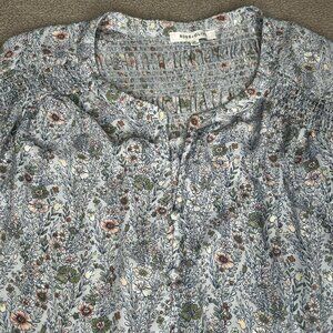 Rose + Olive Blouse Womens 3X Blue Floral Smocked Button Front 3/4 Sleeve Boho